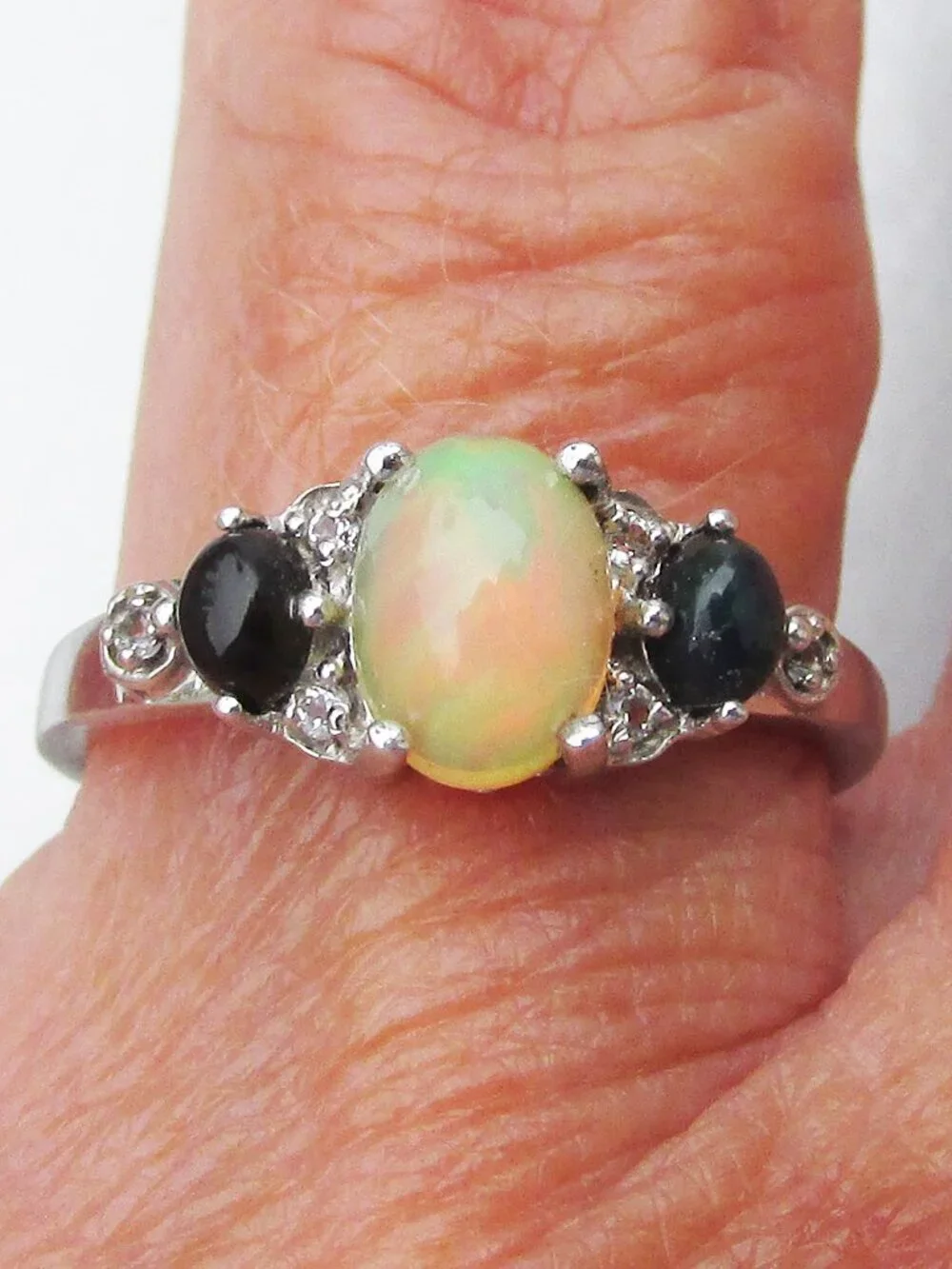Vintage Sterling Silver Oval FIRE & BLUE OPAL Ring Sz 8
